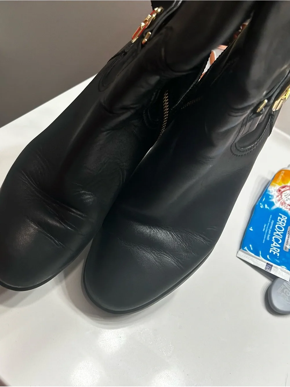 Title: Michael Kors Black Leather Knee High Riding Boots Gold MK Logo